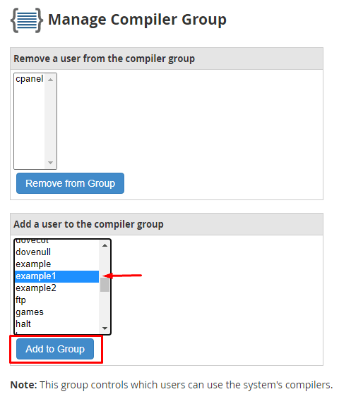 whm add user to compiler group