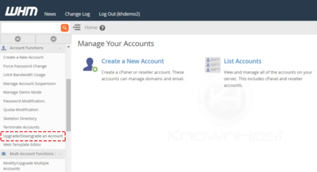 navigate to upgrade downgrade an account whm
