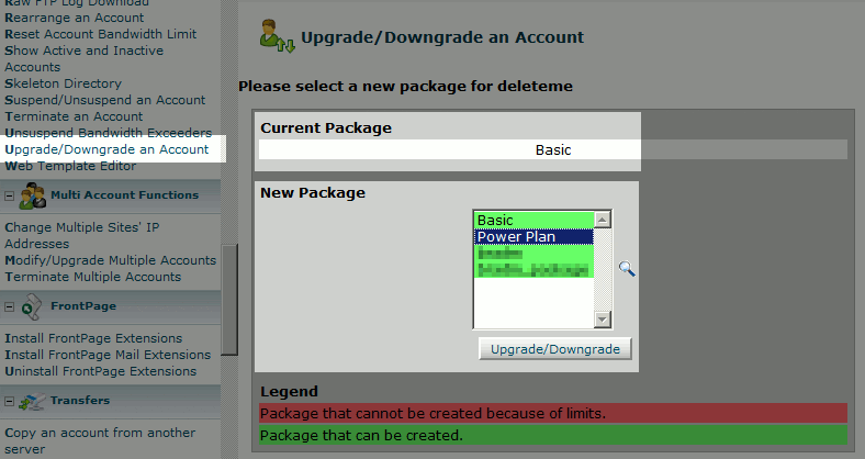 whm edu upgrade downgrade accounts choose a new package and then click upgrade downgrade 1