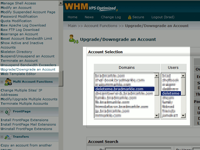 whm edu upgrade downgrade accounts click upgrade downgrade an account in whm and then choose the account